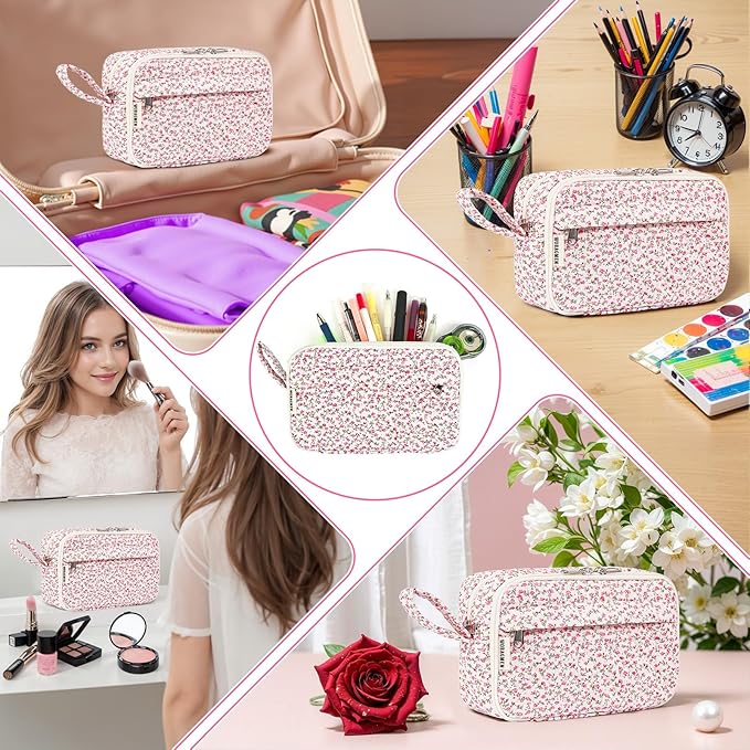WOBAGMEN Quilted Pencil Pouch for Girls Women, Large Pencil Case Pouch with Compartments Cute Aesthetic Pencil Case Organizer, Floral Pencil Bag for School Supplies (pink floral)