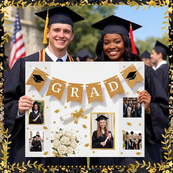 Eaasty 4 Pack Graduation Photo Display Board Decoration 48 X36 Inch Trifold Poster Board with Banners Large Trifold Picture Display for Table Decor Class of 2026 Grad Party Collage Frame Supplies