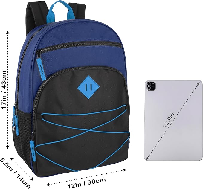 Summit Ridge Boys and Girls School Backpacks with Bungee Cord Front | 17” Multi Pocket Backpack for Kids, Teens, Adults, Travel (Navy/Black)