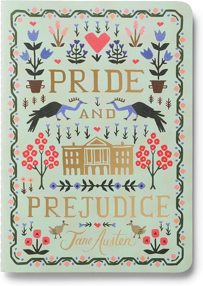 RIFLE PAPER CO. Assorted Set of 3 Jane Austen Notebooks, 8.5" L x 6" W, Set Of 3, 64 Ruled Pages With Gold Ink, Full-Color Die-Cut Canvas Cover With White Text Paper Interior
