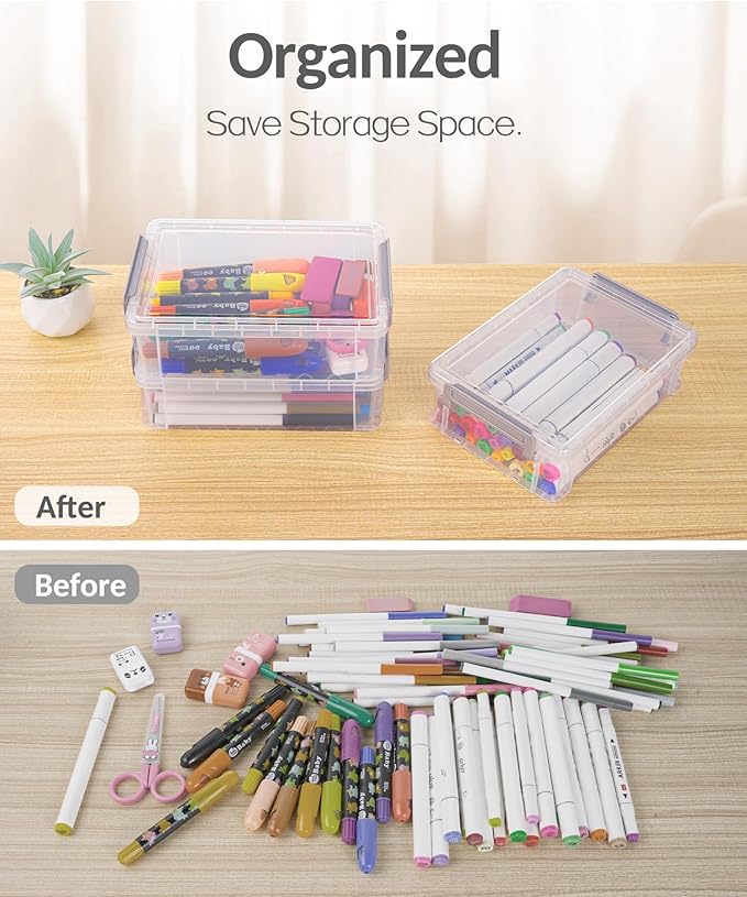 Sooez 6 Pack Extra Large Pencil Box, Plastic Pencil Case Crayon Box Bulk, Clear Marker Organizer Plastic Containers with Lid, Stackable Storage Boxes for Art Craft, Pen, Back to School Supplies, Black
