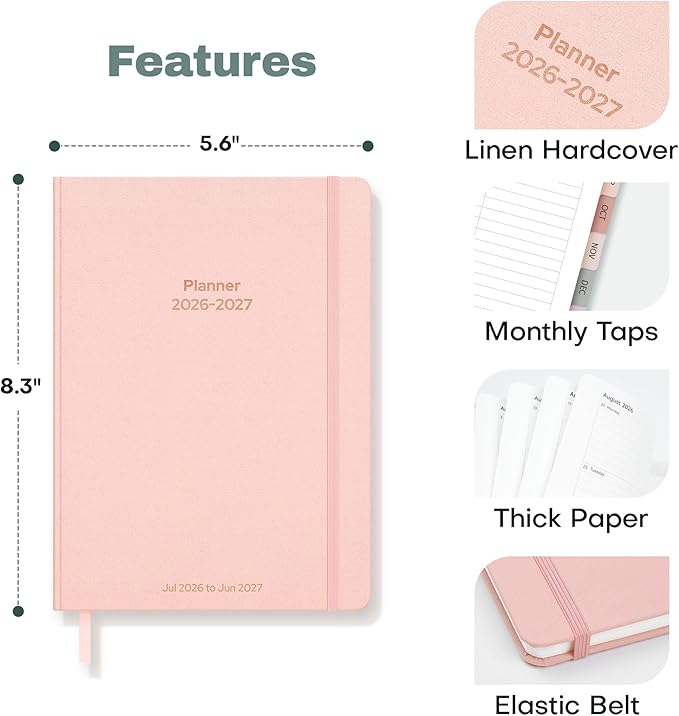 Planner 2026-2027 Monthly and Weekly Academic Planner July 2026 - June 2027, Linen Hardcover Agenda 2026-2027 Calendar Daily Planner for Student Teacher with Monthly Tabs, 6" x 8.3", Light Pink