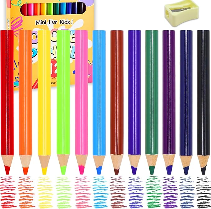 12 Colors Short Colored Pencils for Kids Toddlers, Thick Color Drawing Pencil with Sharpener, Art Pencils Drawing Supplies, Classroom Prizes Party Favors Bags, Easy to Color, Pre-sharpened