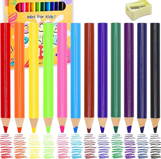 12 Colors Short Colored Pencils for Kids Toddlers, Thick Color Drawing Pencil with Sharpener, Art Pencils Drawing Supplies, Classroom Prizes Party Favors Bags, Easy to Color, Pre-sharpened