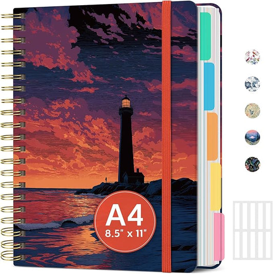 Large Lined Spiral Journal for Women Cute Hardcover 5 Subject Notebook for Work 8.5" x 11" with Removable Dividers & Tabs, College Ruled, 280 Pages Aesthetic Journal for Work, School & Note Taking, Dusk Sentinel