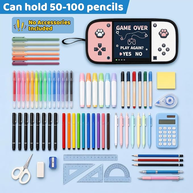 Game Controller Pencil Case for Boys Kids Teens, Large Capacity Pencil Pouch with 3 Compartments, 7 Pockets and Label Pocket for School College Office Travel (Pink & White)