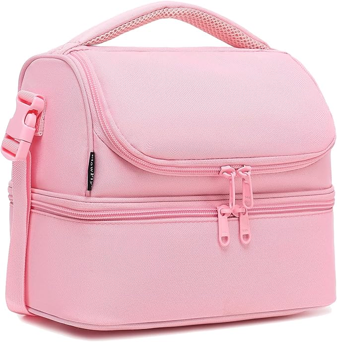 FlowFly Double Decker Cooler Insulated Lunch Bag Large Tote for Boys, Girls, Men, Women, With Adjustable Strap,Pink