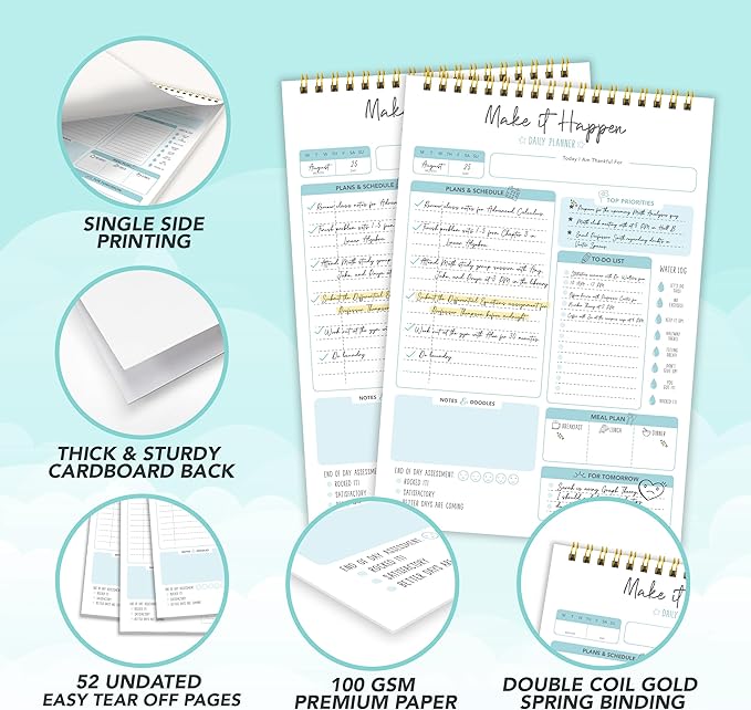 Decorably 52 Sheets Blue Undated Make It Happen Notepad - 6.5x10in Spring-Bound Daily Planner Tear Off for Schedule, Priorities, Agenda, Water Intake, Meals, Notes and Doodles - Home, Office