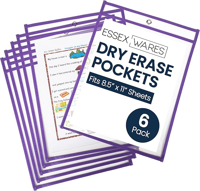 Essex Wares - 6 Pack, Purple, Dry Erase Pocket Document Protectors, 10" Wide x 13.5" Tall - Dry Erase Clear Plastic Sleeves - Reusable & Easy Erase Plastic Invoice Holders, Water-Resistant & Durable