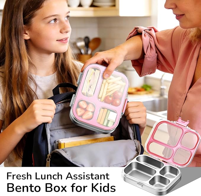 G.a HOMEFAVOR Stainless Steel Lunch Box - 4 Compartments Bento Box for Kids, Leakproof Food Container for School, Office, Dishwasher Safe, BPA-Free, 800 ml/27 oz, Pink