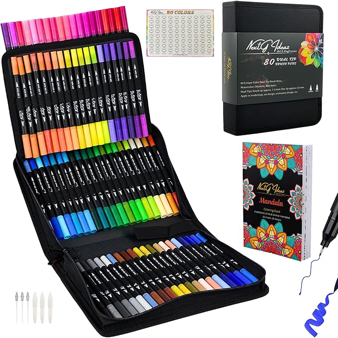 Dual Tip Brush Art Marker Pens, 80 Unique Color, Water-Based Ink, Fineliner & Brush Tip Pens for Arts Lover Adults, Coloring Drawing Book, Calligraphy Writing, Sketching and Doodling