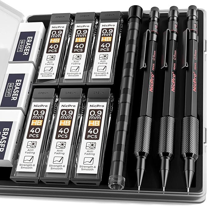 Nicpro 0.9 Metal Mechanical Pencil Set with Case, 3PCS | MP2000 Heavy Duty Lead Pencil + 6 Tube HB Lead Refill, Eraser, Weatherproof Metal Barrel for Outdoor Writing Drafting Drawing
