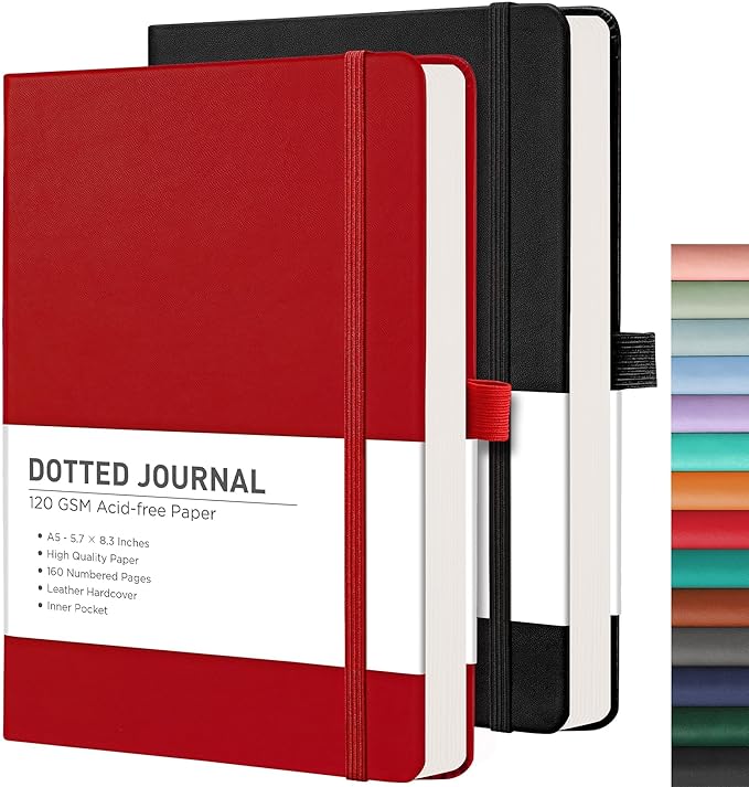 RETTACY Dotted Journal Notebook, 2-Pack, 160 Numbered Pages per Pack, A5 Medium Size (5.7'' x 8.3''), 120 GSM Thick Paper, Leather Hardcover, for Journaling, Planning, Tracking (Black & Red)