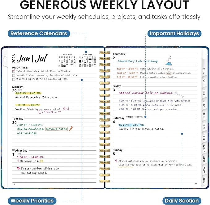 Planner 2026-2027, Academic Year Monthly and Weekly Calendar Planner, Jul 2026 - Jun 2027, Hardcover Teacher Student Planning Agenda book with Tabs, Perfect for School Office Supplies, 6.3" x 8.5" - Starlit Peaks