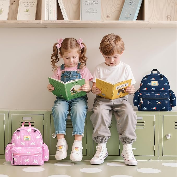 STEAMEDBUN Corduroy Toddler Backpack for Girls 2-4: Kids backpack for Boys Girls - 12 inch Preschool Kindergarten Backpacks - Blue Trucks