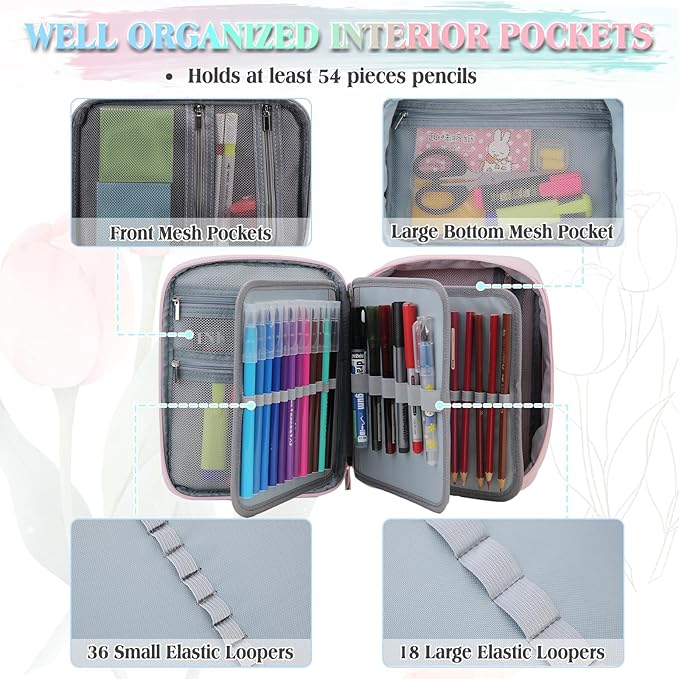 Large Pen Pencil Case,VONXURY High Capacity Art Colored Pencil Pouch Portable Stationery Organizer With 2 Detachable Layers 54 Slots Multiple Zipper Pockets for School Office College