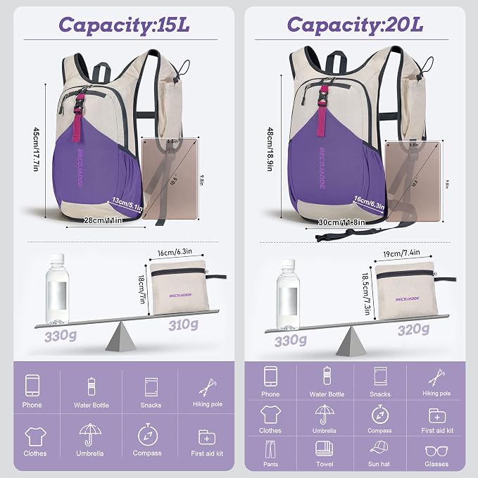 BECOJADDE 20L Small Hiking Backpack for Men Women Foldable Packable Back Pack Ultralight Hiking Daypack for Travel Camping Outdoor, Beige Purple