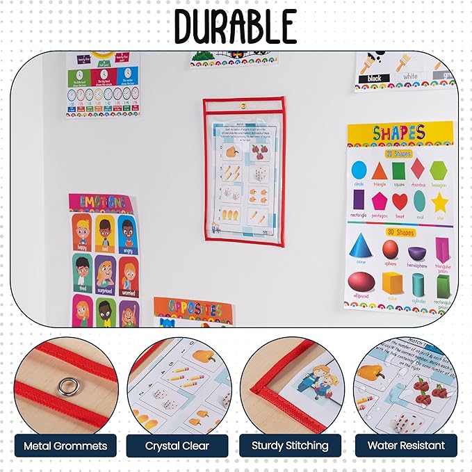 Essex Wares - 6 Pack, Red, Dry Erase Pocket Document Protectors, 10" Wide x 13.5" Tall - Clear Plastic Sleeves - Reusable & Easy Erase Plastic Invoice Holders, Water-Resistant & Durable