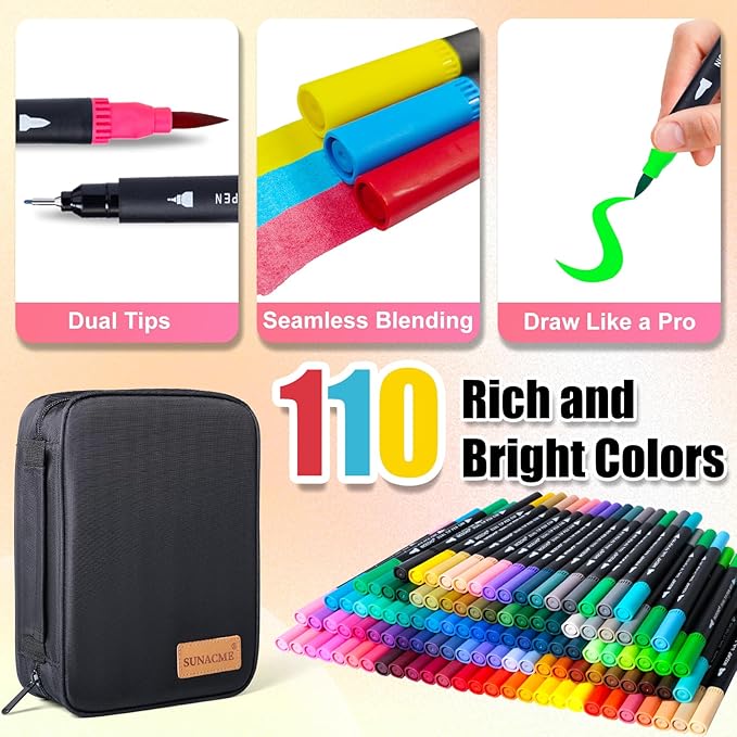 sunacme Art Supplier Dual Brush Markers Pens, 110 Artist Coloring Marker Set, Fineliner & Brush Tip Pen with Premium Case for Adults Coloring Books & Journal, Drawing, Doodlin