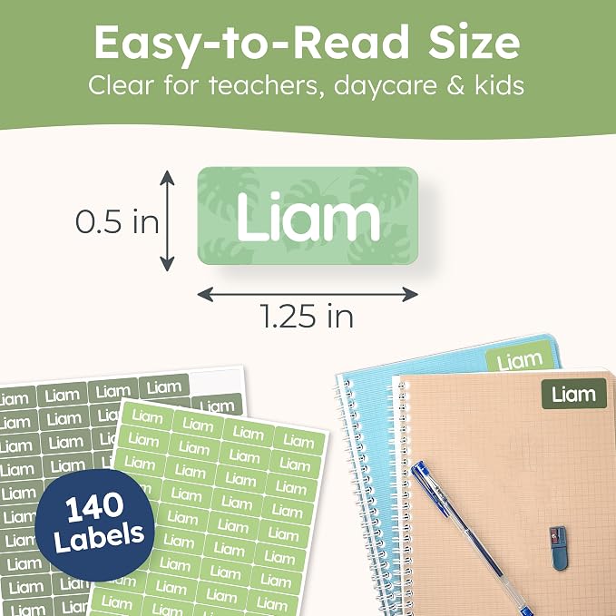Personalized Universal Name Labels for Kids & Adults - Green [140pcs] - Waterproof Name Stickers for School, Daycare & Clothes - Item & Supplies Name Stickers - Custom Stick On Labels