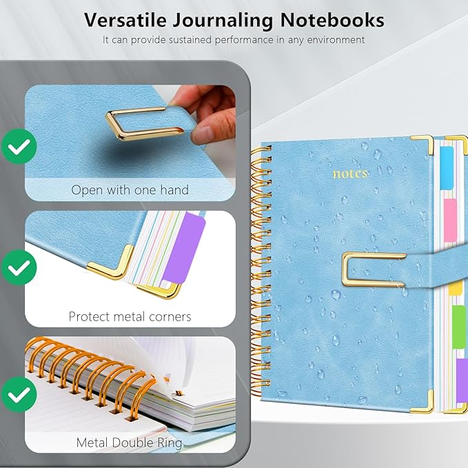 Hardcover Spiral Notebook College Ruled, 6.2"x 8.2" Leather Journal Notebook with Magnetic Closure, 300 Pages 5 Subject Notebook with Dividers Tabs Journal for Women Men, Work, School(Light Blue)