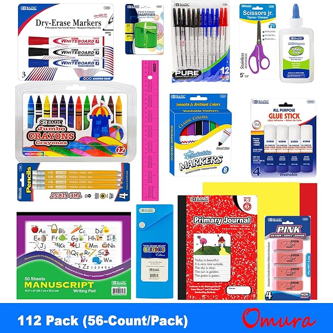 Pallet of 112 Primary School Supply Boxes | 56 Piece Kit | Back to School Supplies | Kindergarten 1st 2nd Grade Classroom Supply Kits