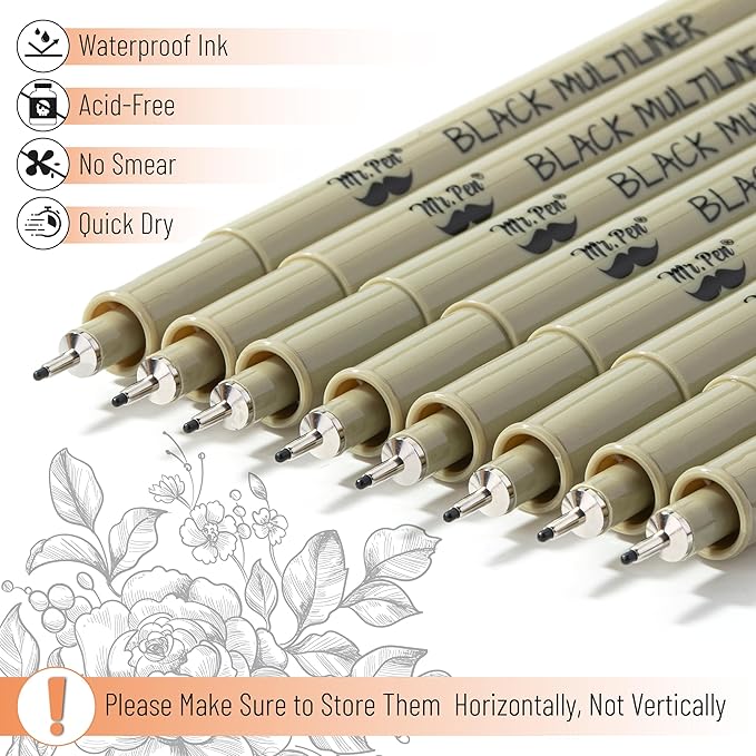Mr. Pen- 0.45mm Micro Fine Point Pens, 8 Pack, Black Ink, Waterproof, Acid-Free, No-Smear Quick-Dry Fineliner Pens for Drawing, Sketching, Bible Journaling, Outlines & Everyday Writing