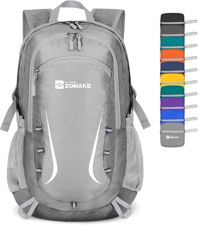 ZOMAKE Lightweight Packable Backpack 35L, Foldable Backpacks Water Resistant Collapsible Light Daypack for Hiking(Silver Grey) | Light Hiking Backpacks Water Resistant Collapsible Day Pack for Travel, Everyday Carry, Multi-Pocket Layout, Heavy Duty Nylon