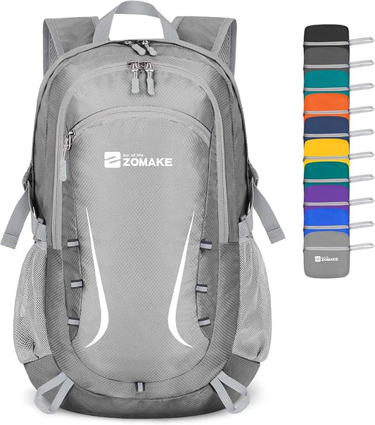ZOMAKE Lightweight Packable Backpack 35L, Foldable Backpacks Water Resistant Collapsible Light Daypack for Hiking(Silver Grey) | Light Hiking Backpacks Water Resistant Collapsible Day Pack for Travel, Everyday Carry, Multi-Pocket Layout, Heavy Duty Nylon