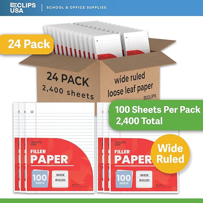Wide Ruled Loose Leaf Paper Wide Ruled Notebook Paper Lined Writing Filler Paper 10.5” x 8” 56 gsm 2400 Sheets 100 Sheet Per Pack (24 Pack)