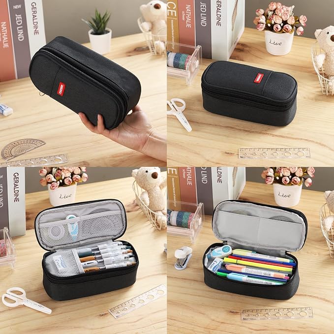 Dugio Large Pencil Case for Girls Teens Kids Pencil Bag with Zipper Black | Big Pencil Pouch Organizer Aesthetic Pen Pencil Case Back to School Supplies, Large Capacity Design, Durable Metal Zipper