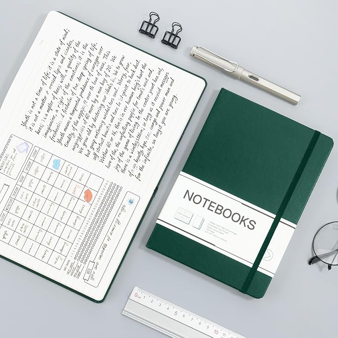 M&G Lined Journal Notebook, 160 Pages, A5 Medium Size 5.6" x 8" for Men Women, 100GSM Thick College Ruled Paper for Journaling, Writing, Work & Office, Leather Hardcover, Green