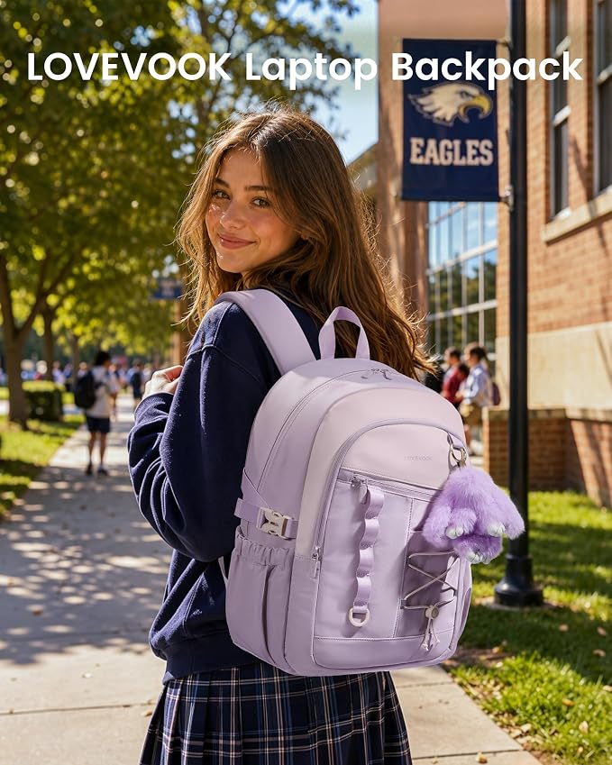 LOVEVOOK School Backpack for Girls, Large Capacity 16 Laptop Backpack with Tumbler Pockets, Multi-Compartment Backpacks with Lucky Bunny Charm, Water-Resistant Travel Backpack, Purple