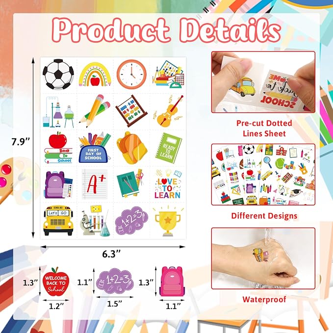 Ceiba Tree 100pcs Back to School Temporary Tattoos Pre-Cut Classroom Supplies Assorted Welcome Back To School Tattoos Party Favors