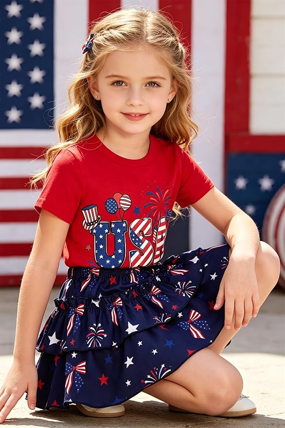 Little Girls Skirt Set - 2 Piece Short Sleeve Top Shirred Tiered Skirt Outfit Girls Spring Summer Clothes 3-8 Years