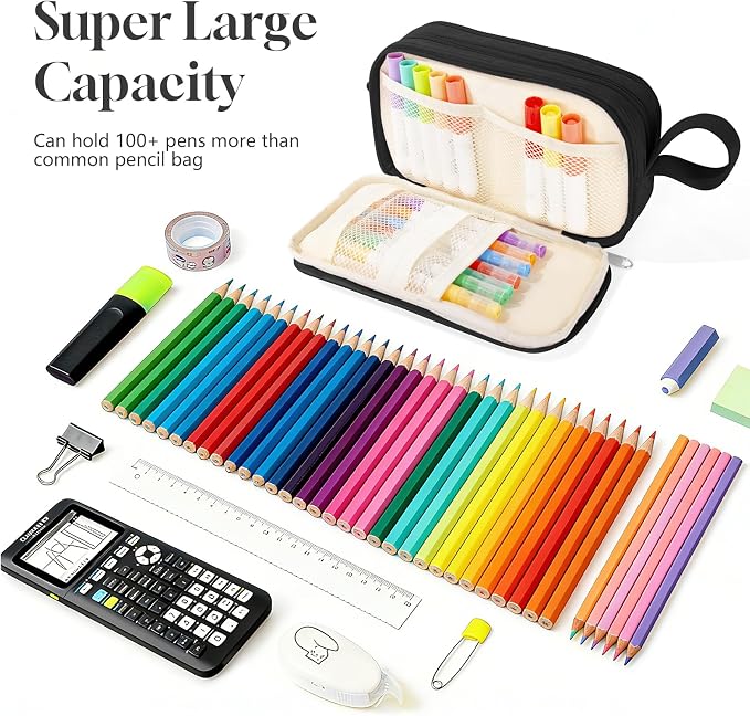 TESAFNG Corduroy Pencil Case, Large Capacity Pencil Pouch with 4 Compartments, Cute Soft Aesthetic Stationery Pen Bag Organizer with Zipper, Portable School Supplies for Teen and Adult Girls, Black