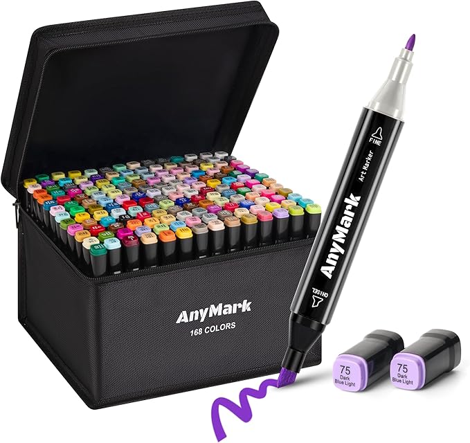 AnyMark Alcohol Markers, 168 Colors Dual Tip Art Coloring Markers Set for Adult Book Drawing Sketching Painting, Chisel & Fine, Black Penholder