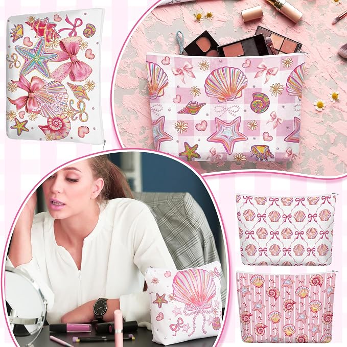 Reginary 12 Pcs Pink Bow Makeup Bags Coquette Scalloped Cosmetic Bags with Zippers Coquette Party Favors Pink Aesthetic Pouch Bulk Gifts for Women Stuff Summer Beach Birthday Supplies Travel Accessory