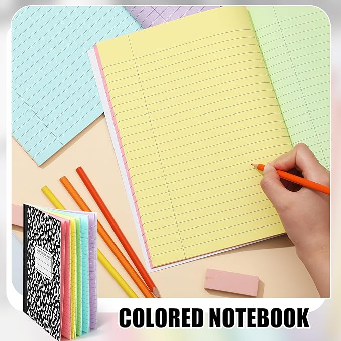 Henoyso 6 Pcs 120 Pages Colored Paper Notebooks 9.75" x 7.5" Bright Colors Lined Paper Notebook Wide Ruled Marble Notebooks Journals Bulk for Office School Supplies(Black Cover)
