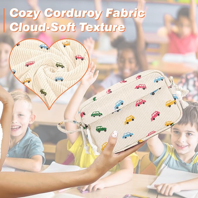 Big Capacity Pencil case,Soft Corduroy Pencil Bag with 3 Compartment,Pencil Pouch School Supplies Cute Pencil Box Pencil Bag for Teen Girls Boys College (Colorful Car)