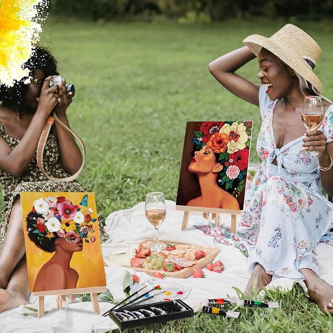 Ctosree 72 Pcs Flower Lady Paint and Sip Kit for Adults 8'' x 10'' Pre Drawn Canvas for Painting DIY Pre Printed Canvas for Party Favor Acrylic Painting Kit Wood Easel Brushes Date Night Bulk