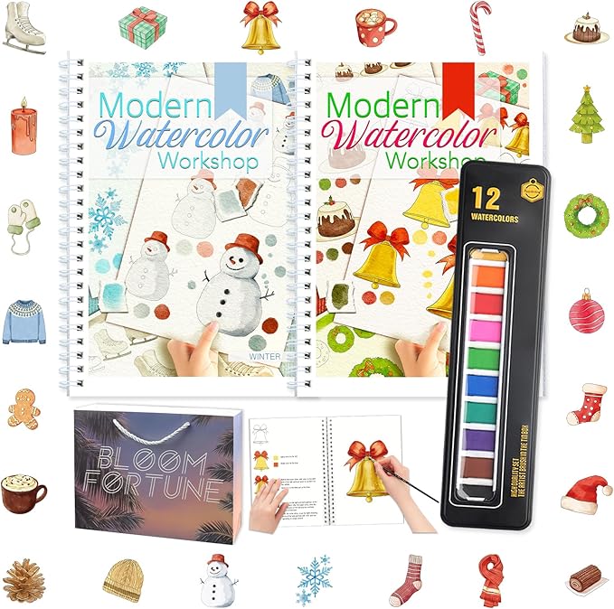 APOLYONE 2-Pack Beginner Watercolor Workbooks: 24 Coloring Pages + 12 Watercolor Paints + Brush – 300gsm/140lb Paper – Gift for Women, Adults & Beginners (Winter & Christmas)