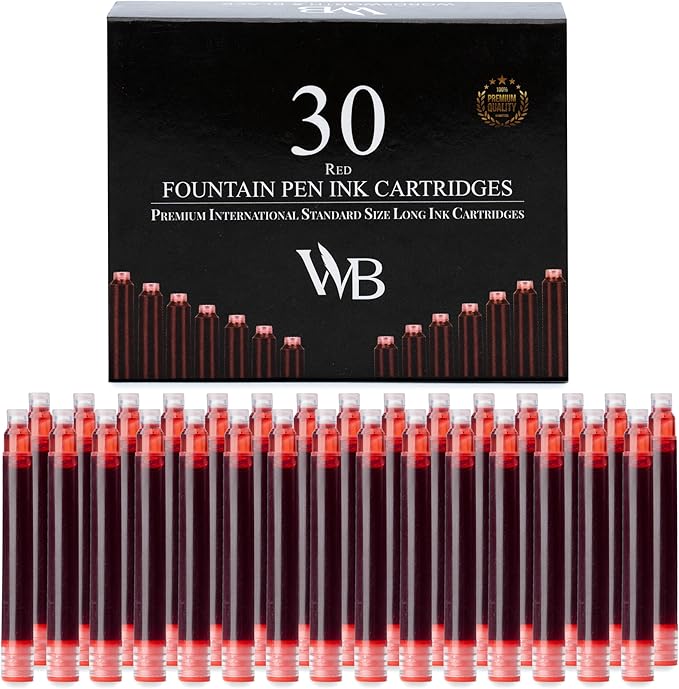 Wordsworth & Black Fountain Pen Ink Refills - Set of 30 Red Ink Cartridges - International Standard Size - Length APPR 2.3" - Base Diameter APPR 0.24 Inch - Disposable and Generic