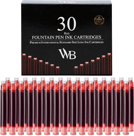Wordsworth & Black Fountain Pen Ink Refills - Set of 30 Red Ink Cartridges - International Standard Size - Length APPR 2.3" - Base Diameter APPR 0.24 Inch - Disposable and Generic