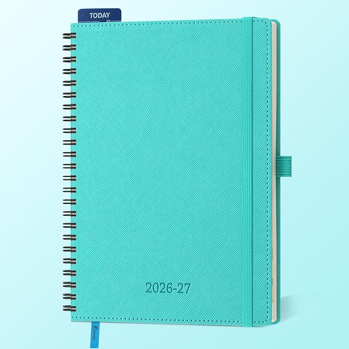 Planner 2026-2027 Daily Weekly and Monthly,8.5"x6.5",18 Months Spiral Bound Calendar Agenda with Self-adhesive Pen Holder,2026 Academic Plan with Vegan Leather Soft Cover,Light Blue