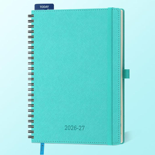 Planner 2026-2027 Daily Weekly and Monthly,8.5"x6.5",18 Months Spiral Bound Calendar Agenda with Self-adhesive Pen Holder,2026 Academic Plan with Vegan Leather Soft Cover,Light Blue