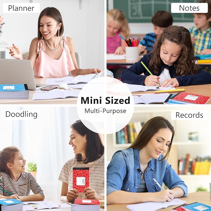 Resurhang 24 Pcs Jr. Composition Notebooks Colored Marble Half Size 4-7/8 x 7-1/2 Inches Composition Notebook 80 Sheet Marble Wide Ruled Assorted Primary Cover Notepad Bulk (Red Blue)
