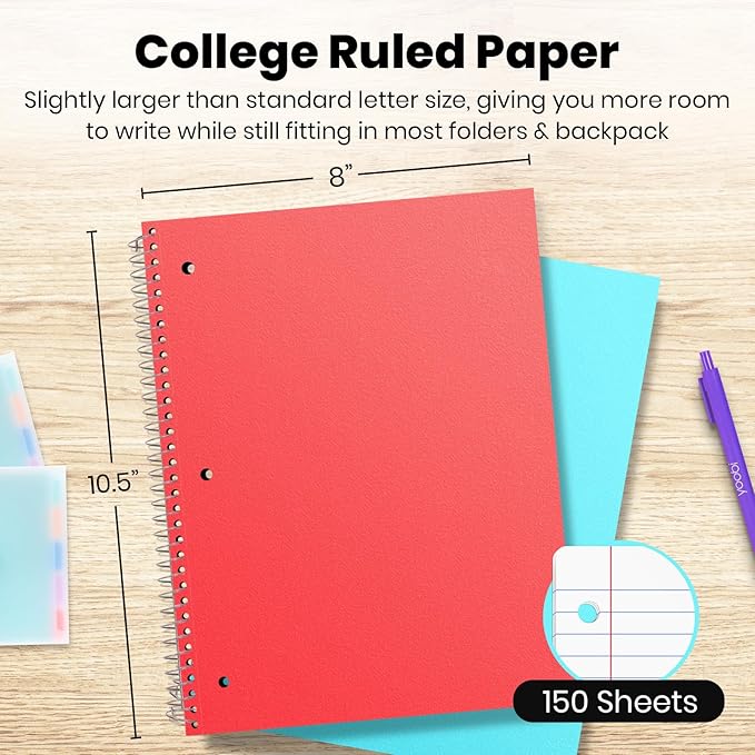 Yoobi College Ruled 8 x 10.5” Spiral Notebook Set – Bulk 6-Pack of 1 Subject Notebooks – Perfect Addition – 100 Perforated 3-Hole Punched Sheets, For School, Office & Home