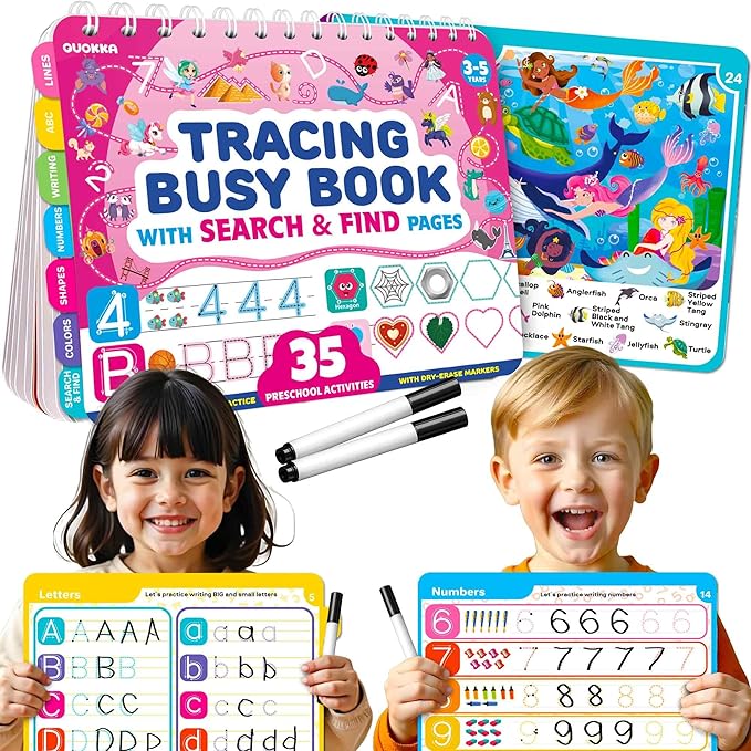 QUOKKA Busy Book for Toddlers 3-5 – Fantasy Search and Find Activity Pad - Toddler Dry Erase Learning Workbook with Markers for Travel Quiet Time