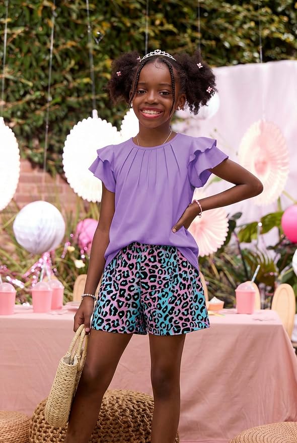 Arshiner Girls 2 Piece Outfits Summer Ruffle Sleeve Top and Paperbag Waist Shorts Set with Pockets Size 5-13 Years